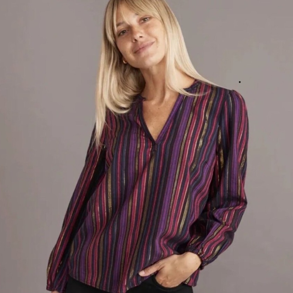 MARINE LAYER Jamie Banded Collar Top in Lurex Multi Stripe. SIZE XS